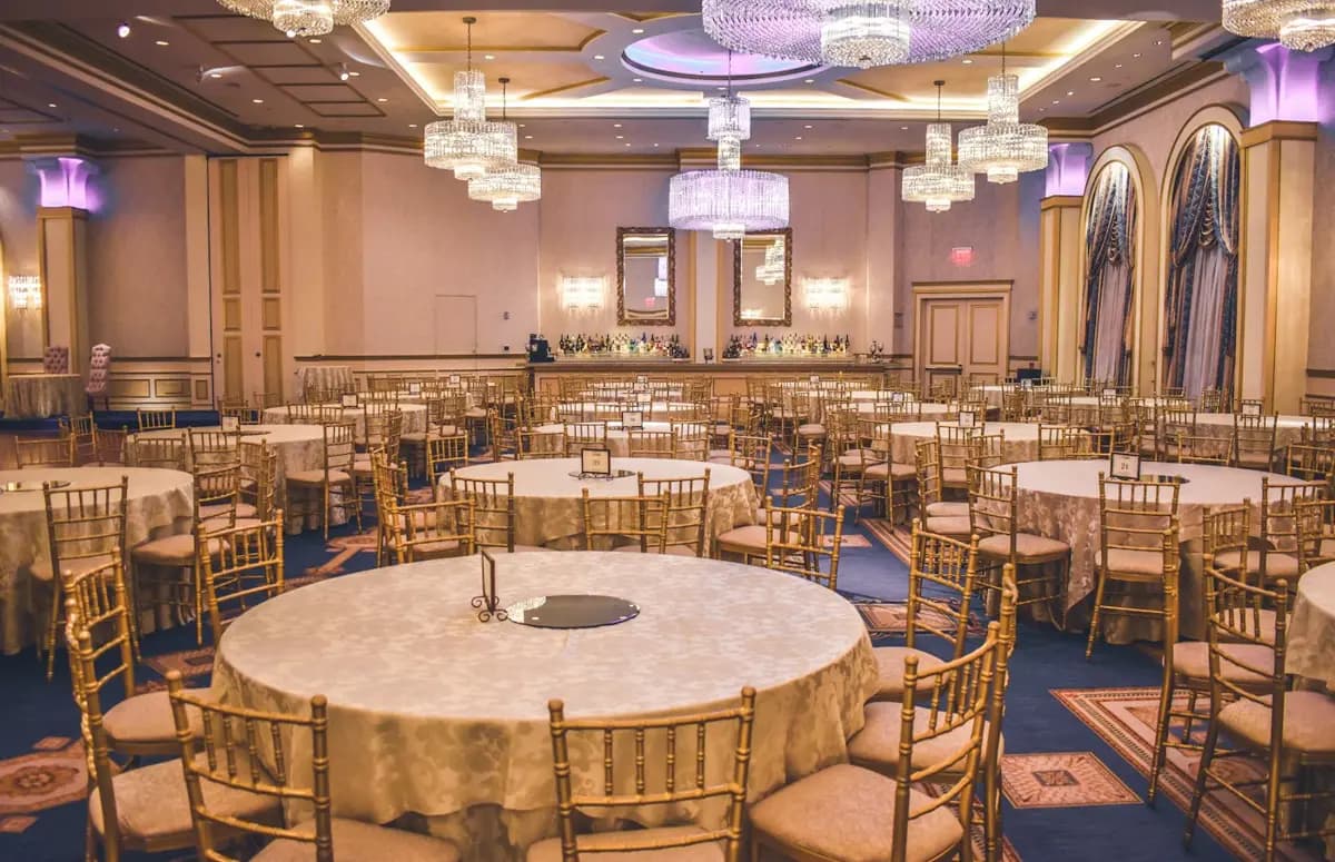 Luxury gala ballroom set for an awards dinner